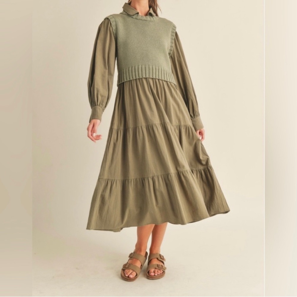 NWT &MERCI OLIVE GREEN MIDI DRESS WITH SWEATER VEST
